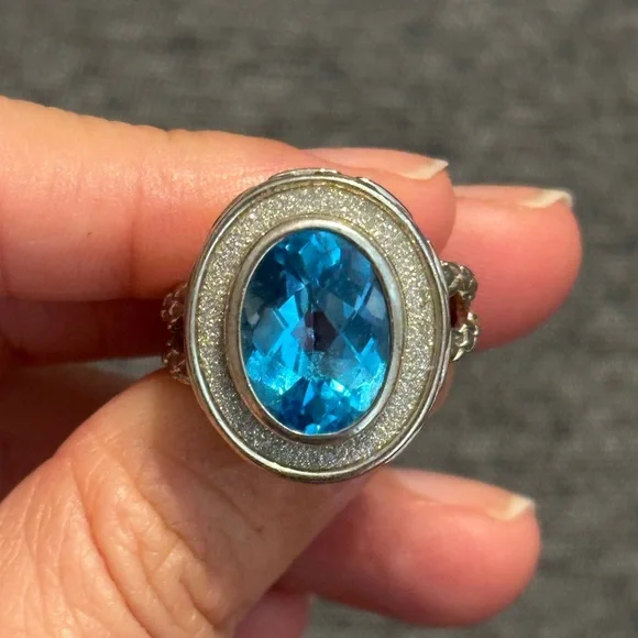 Sterling Silver Oval Blue Topaz Gemstone Ring w Braided & Chain Band, Sz 8 - Picture 1 of 8